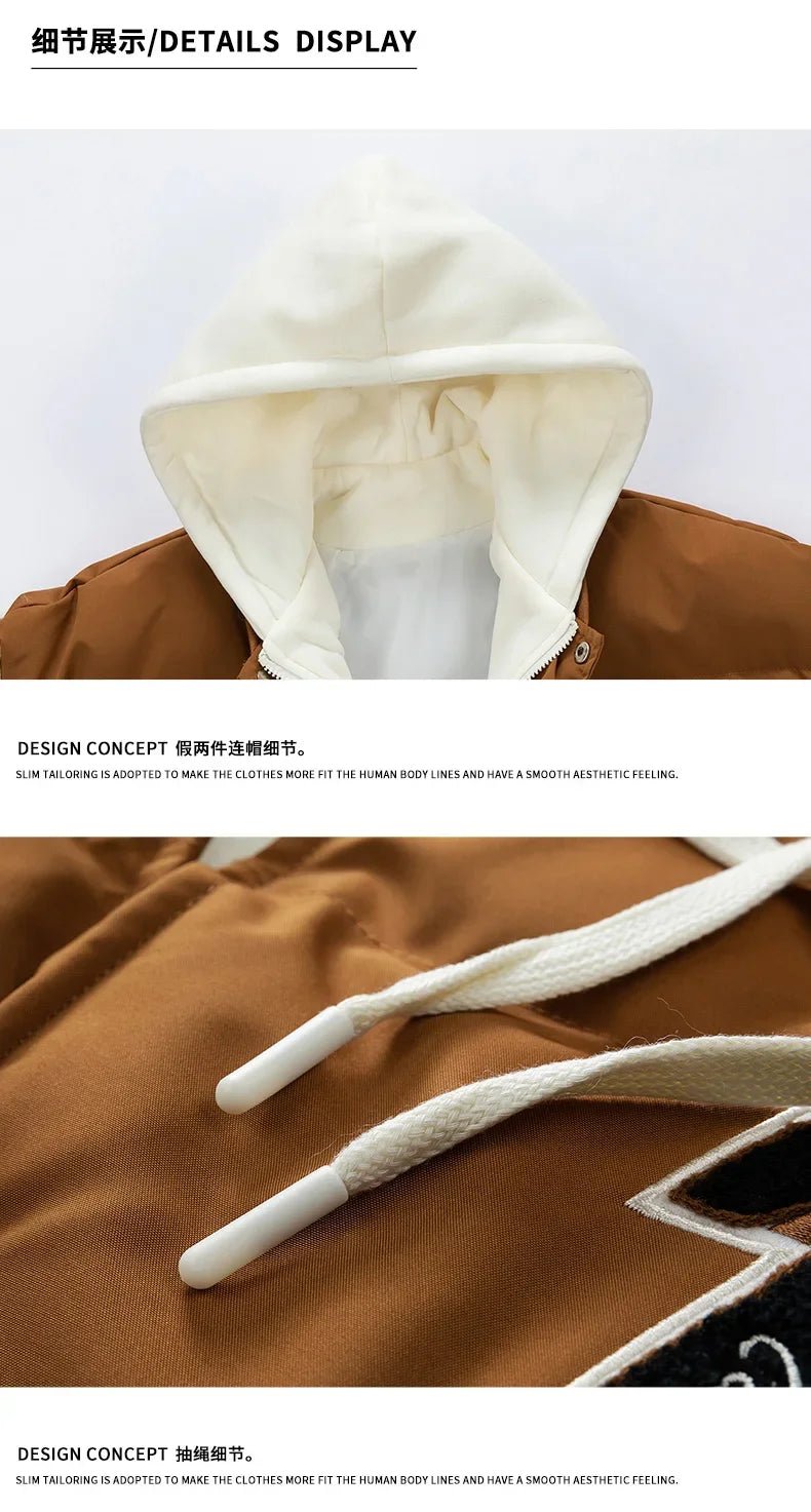 New Cotton Coats M - 2XL Men's Winter Fashion Thickened Down Cotton Coat Hooded Fake Two Piece Warm Loose Embroidered Print Jacket - UT KICK ASSmens14:771#Caramel;5:100014065