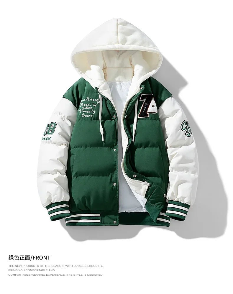 New Cotton Coats M - 2XL Men's Winter Fashion Thickened Down Cotton Coat Hooded Fake Two Piece Warm Loose Embroidered Print Jacket - UT KICK ASSmens14:771#Caramel;5:100014065