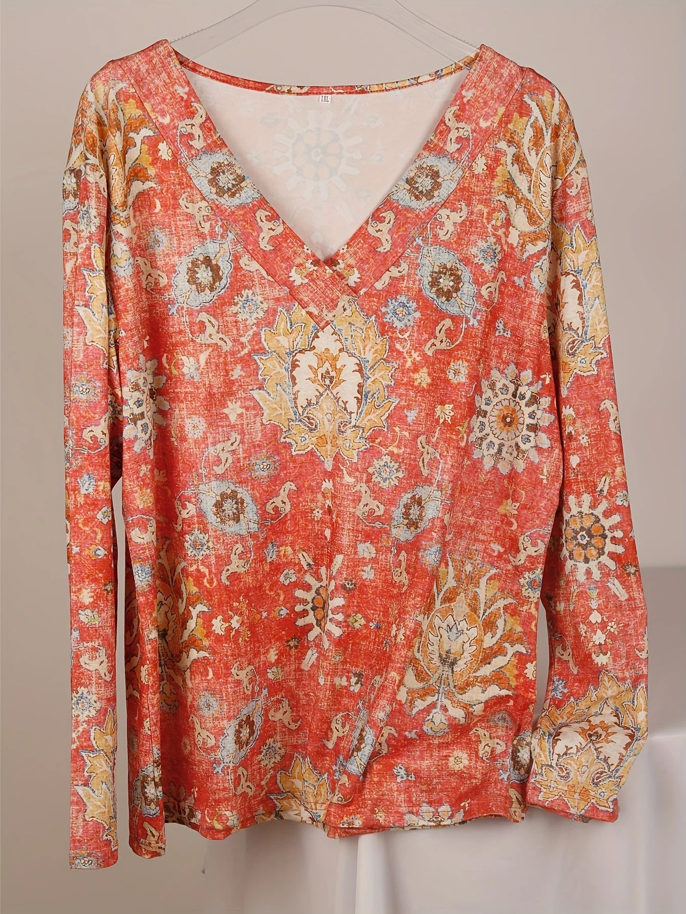 Plus Size 1XL - 5XL Boho Top Women's Plus Floral Print Long Sleeve T-Shirt Casual V Neck Slight Stretch Top Clothing - UT KICK ASStop14:193#black;5:200000991