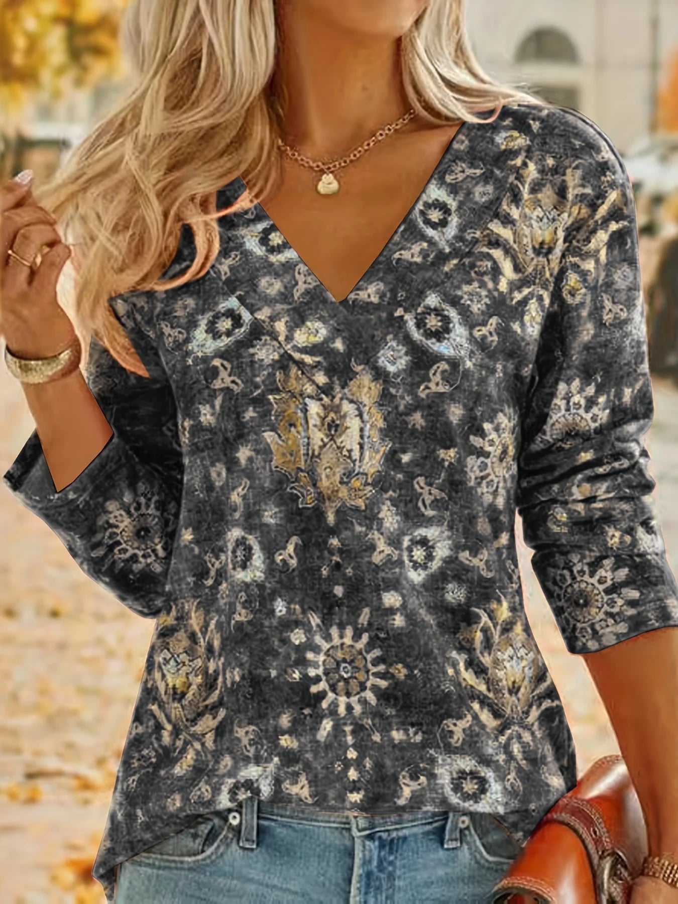 Plus Size 1XL - 5XL Boho Top Women's Plus Floral Print Long Sleeve T-Shirt Casual V Neck Slight Stretch Top Clothing - UT KICK ASStop14:193#black;5:200000991