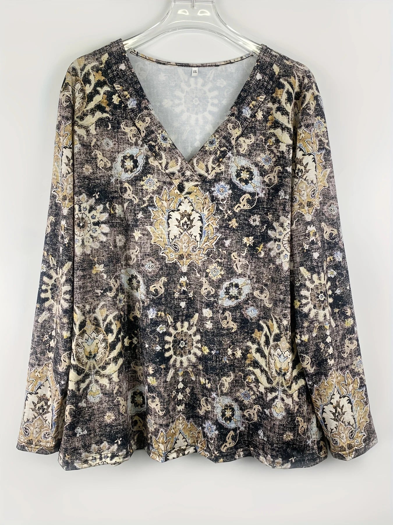 Plus Size 1XL - 5XL Boho Top Women's Plus Floral Print Long Sleeve T-Shirt Casual V Neck Slight Stretch Top Clothing - UT KICK ASStop14:193#black;5:200000991
