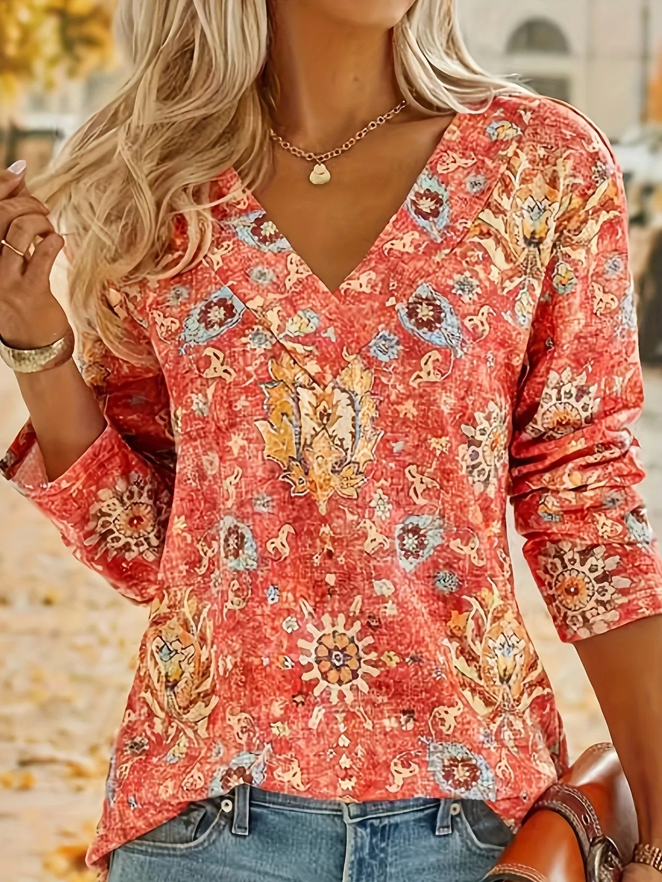 Plus Size 1XL - 5XL Boho Top Women's Plus Floral Print Long Sleeve T-Shirt Casual V Neck Slight Stretch Top Clothing - UT KICK ASStop14:202997806#pink;5:200000991