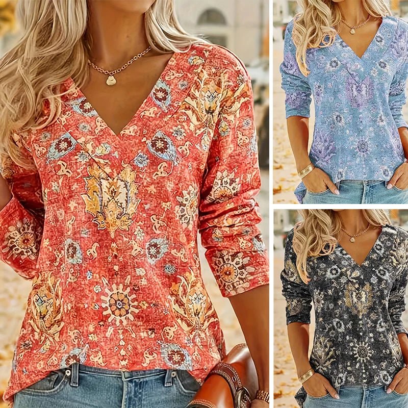 Plus Size 1XL - 5XL Boho Top Women's Plus Floral Print Long Sleeve T-Shirt Casual V Neck Slight Stretch Top Clothing - UT KICK ASStop14:193#black;5:200000991