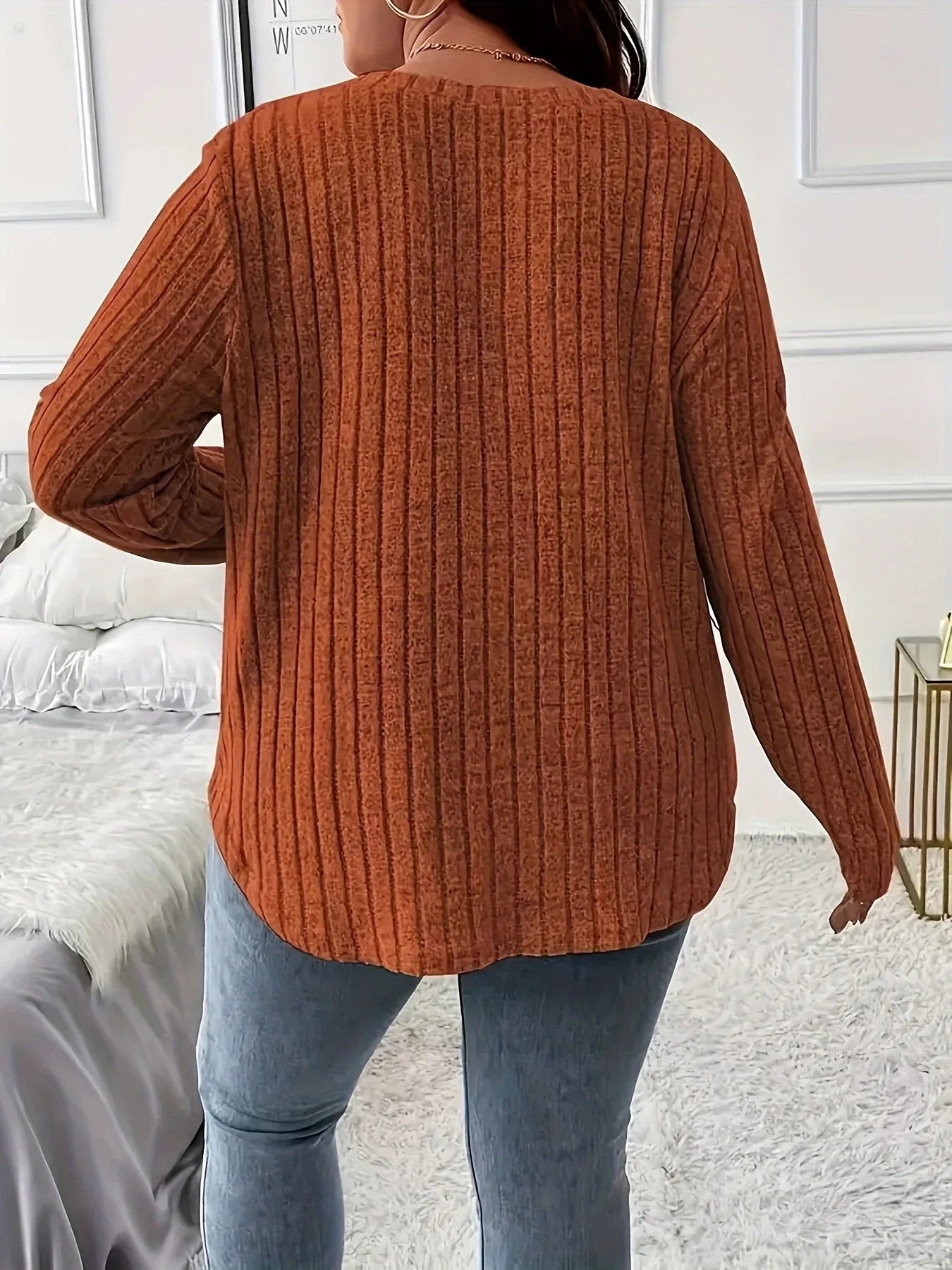 Plus Size 1XL - 5XL Women's Fashionable Round Neck Top Ladies Casual Solid Color Long Sleeved Groove Brushed T-shirt - UT KICK ASSLadies Top14:350852#Orange;5:12668979