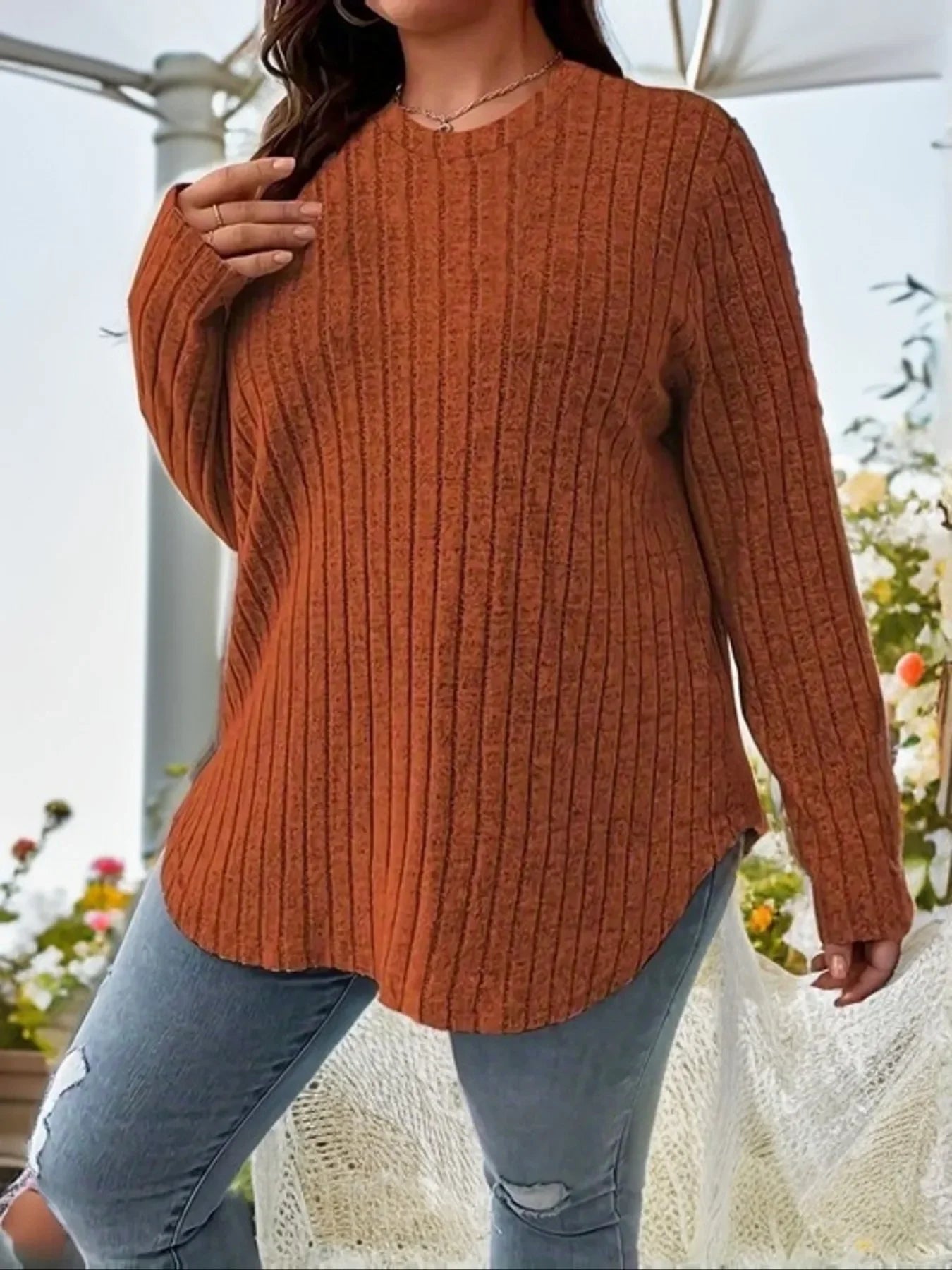 Plus Size 1XL - 5XL Women's Fashionable Round Neck Top Ladies Casual Solid Color Long Sleeved Groove Brushed T-shirt - UT KICK ASSLadies Top14:350852#Orange;5:12668979
