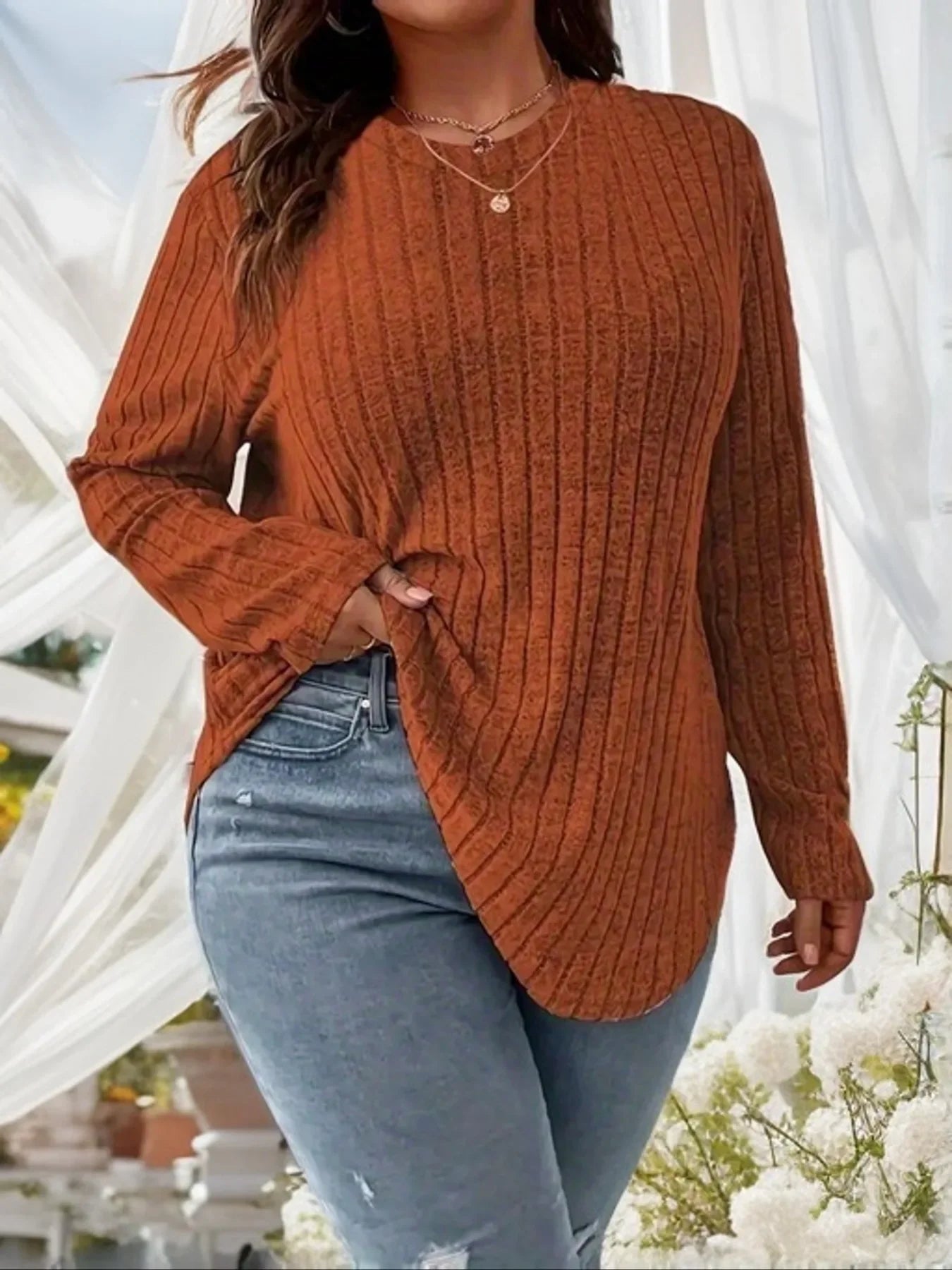 Plus Size 1XL - 5XL Women's Fashionable Round Neck Top Ladies Casual Solid Color Long Sleeved Groove Brushed T-shirt - UT KICK ASSLadies Top14:350852#Orange;5:12668979