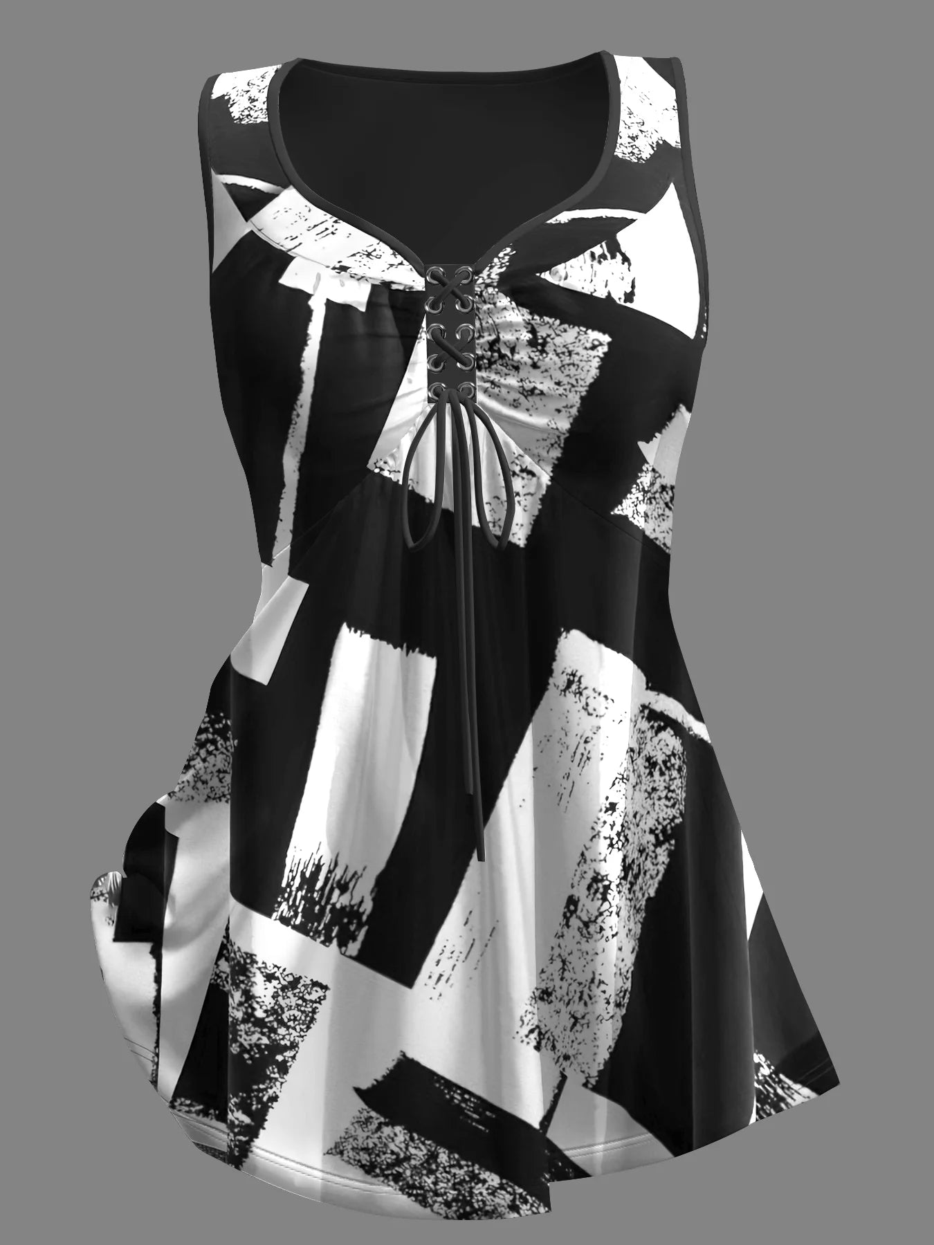 Plus Size lL5XL Patchwork Print Tank Top, Casual V Neck Sleeveless Drawstring Tank Top For Summer, Women's Plus Size Clothing 2024 - UT KICK ASStop14:193#Black;5:361385