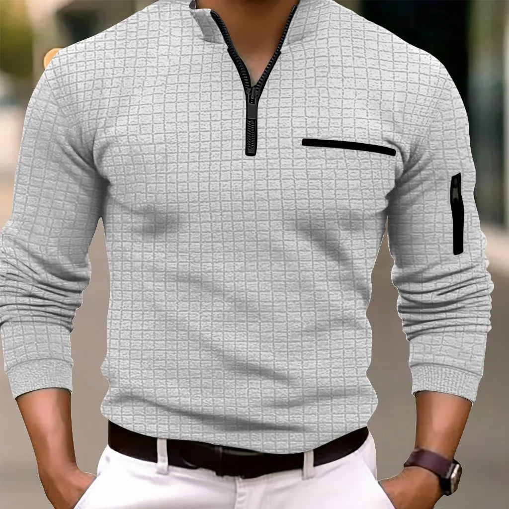 Polo Spring autumn S - 3XL men's new style men's casual checkerboard checkered long - sleeved POLO shirt Fashion arm zipper sports polo shirt - UT KICK ASSmens14:691#Light grey;200007763:201336100;5:100014064