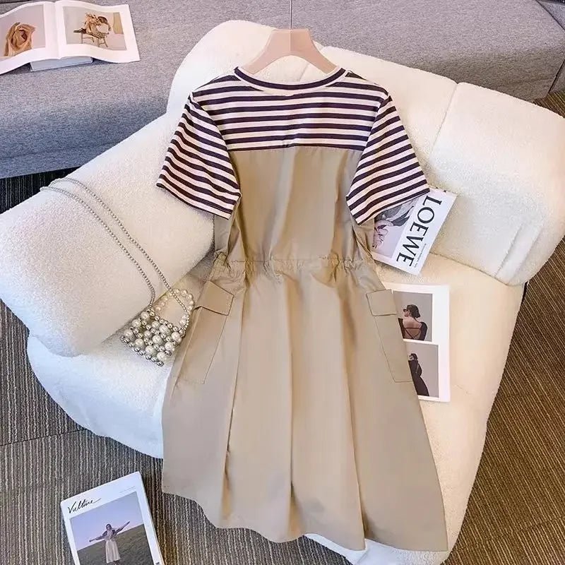 Splicing frock dress female summer L - 3XL plus size striped short sleeve drawstring waist pocket design sense temperament skirt - UT KICK ASSdress14:200001438#Khaki dress;5:361385