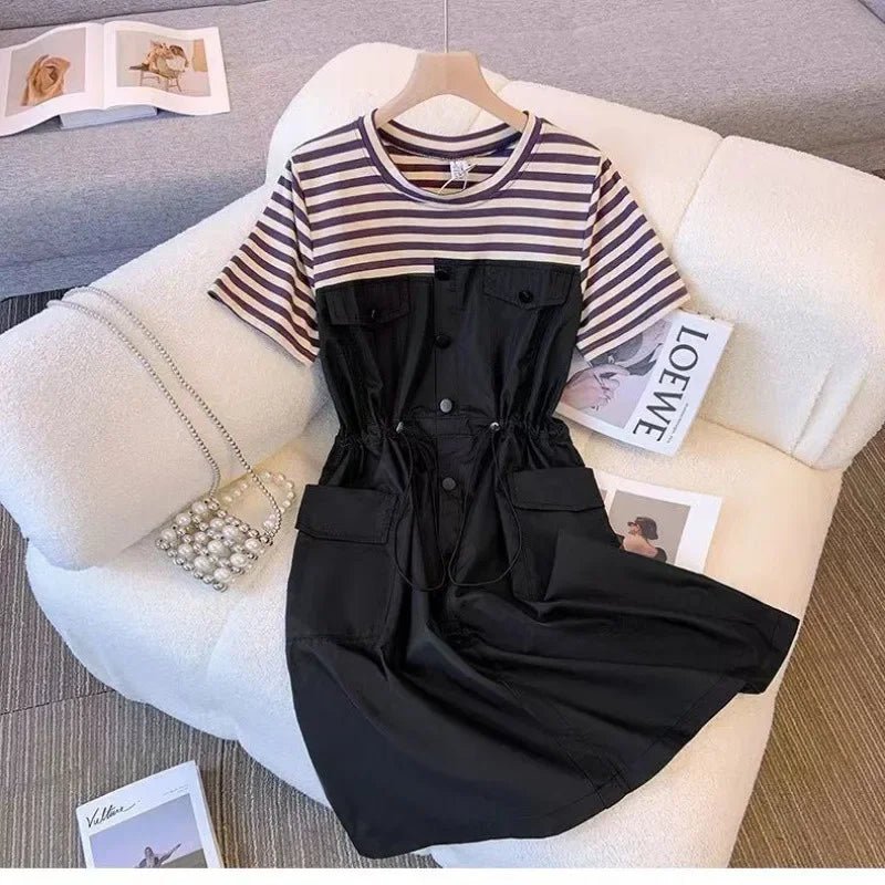 Splicing frock dress female summer L - 3XL plus size striped short sleeve drawstring waist pocket design sense temperament skirt - UT KICK ASSdress14:771#Black dress;5:361385