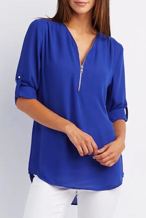 Summer Women Cool Loose Shirt S - 2XL Deep V Neck Chiffon Blouse Casual Ladies Tops Sexy Zipper Pullover Plus Size Long Sleeve Fashion - UT KICK ASStop14:202693815#INKGreen;5:100014065