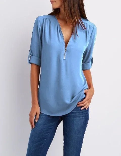 Summer Women Cool Loose Shirt S - 2XL Deep V Neck Chiffon Blouse Casual Ladies Tops Sexy Zipper Pullover Plus Size Long Sleeve Fashion - UT KICK ASStop14:365458#Sky Blue;5:361386