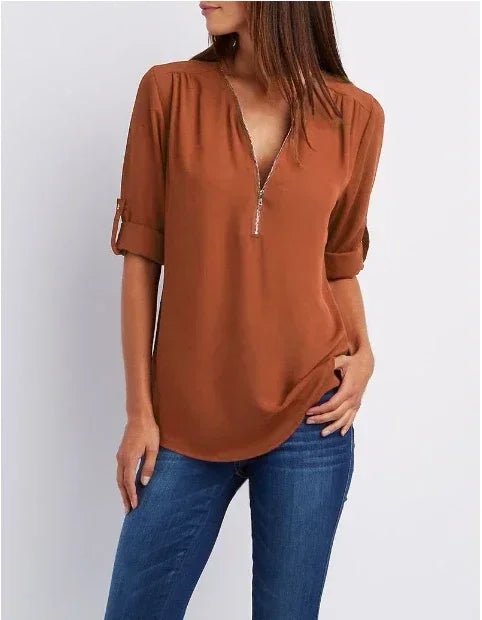 Summer Women Cool Loose Shirt S - 2XL Deep V Neck Chiffon Blouse Casual Ladies Tops Sexy Zipper Pullover Plus Size Long Sleeve Fashion - UT KICK ASStop14:771#Deep Orange;5:361386