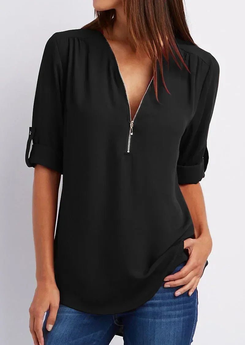 Summer Women Cool Loose Shirt S - 2XL Deep V Neck Chiffon Blouse Casual Ladies Tops Sexy Zipper Pullover Plus Size Long Sleeve Fashion - UT KICK ASStop14:193#Black;5:361386