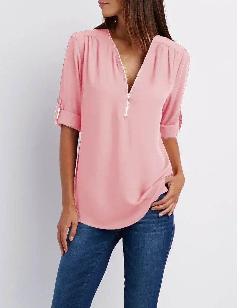 Summer Women Cool Loose Shirt S - 2XL Deep V Neck Chiffon Blouse Casual Ladies Tops Sexy Zipper Pullover Plus Size Long Sleeve Fashion - UT KICK ASStop14:1052#Pink;5:361386