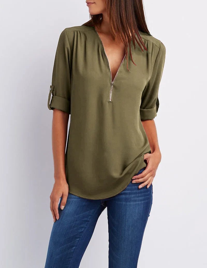 Summer Women Cool Loose Shirt S - 2XL Deep V Neck Chiffon Blouse Casual Ladies Tops Sexy Zipper Pullover Plus Size Long Sleeve Fashion - UT KICK ASStop14:202693815#INKGreen;5:100014065