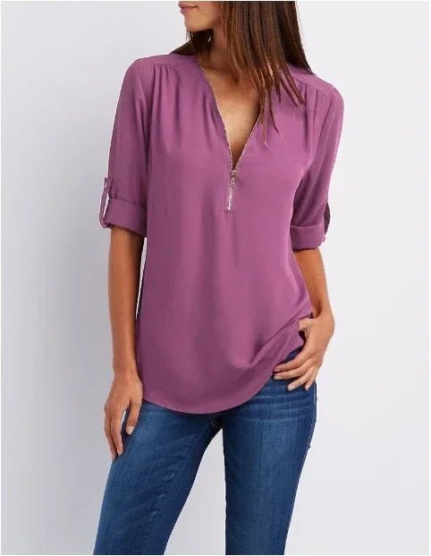 Summer Women Cool Loose Shirt S - 2XL Deep V Neck Chiffon Blouse Casual Ladies Tops Sexy Zipper Pullover Plus Size Long Sleeve Fashion - UT KICK ASStop14:496#Purple;5:361386