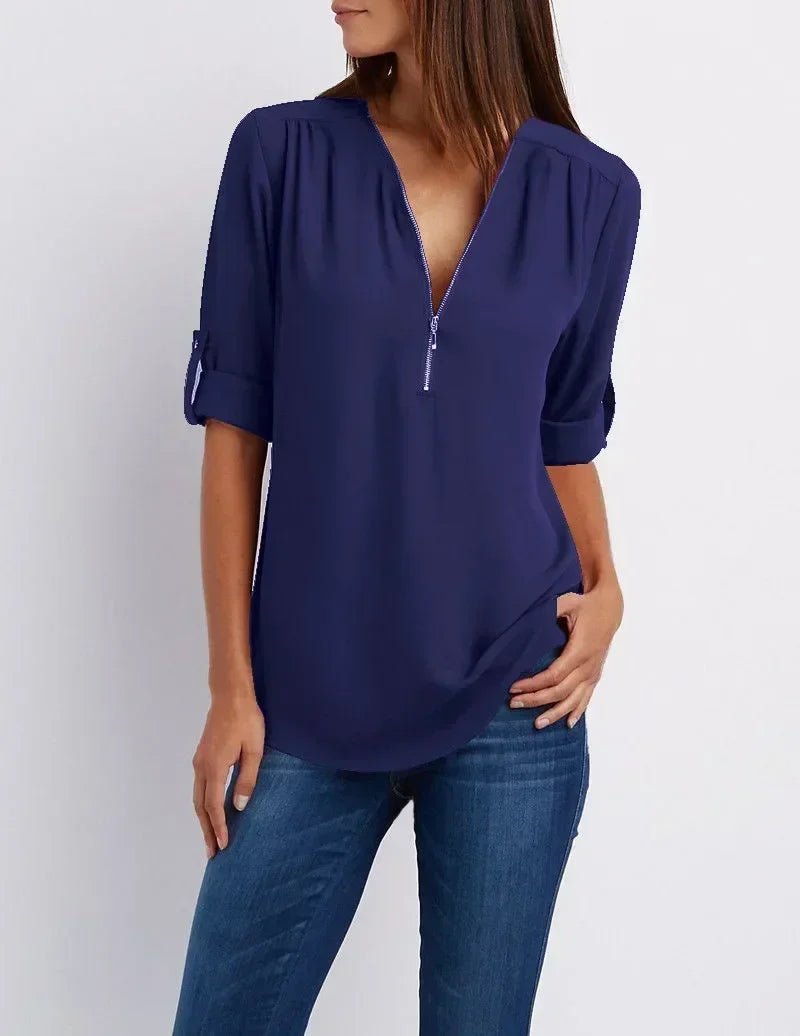 Summer Women Cool Loose Shirt S - 2XL Deep V Neck Chiffon Blouse Casual Ladies Tops Sexy Zipper Pullover Plus Size Long Sleeve Fashion - UT KICK ASStop14:201800840#NavyBlue;5:361386