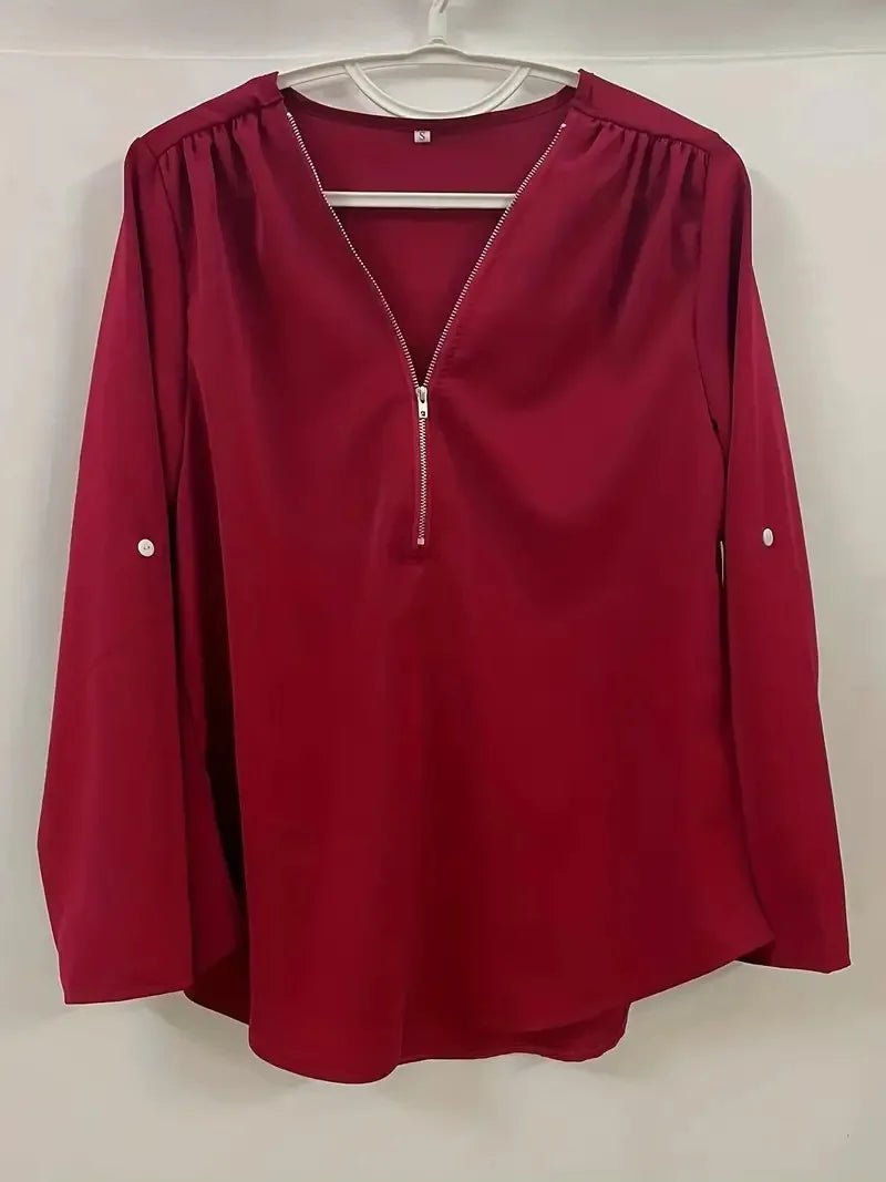 Summer Women Cool Loose Shirt S - 2XL Deep V Neck Chiffon Blouse Casual Ladies Tops Sexy Zipper Pullover Plus Size Long Sleeve Fashion - UT KICK ASStop14:202693815#INKGreen;5:100014065