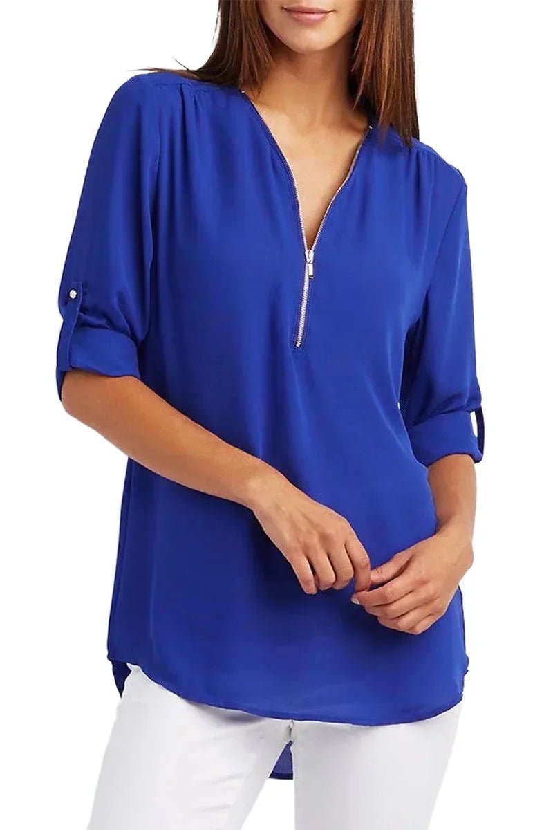 Summer Women Cool Loose Shirt S - 2XL Deep V Neck Chiffon Blouse Casual Ladies Tops Sexy Zipper Pullover Plus Size Long Sleeve Fashion - UT KICK ASStop14:202693815#INKGreen;5:100014065