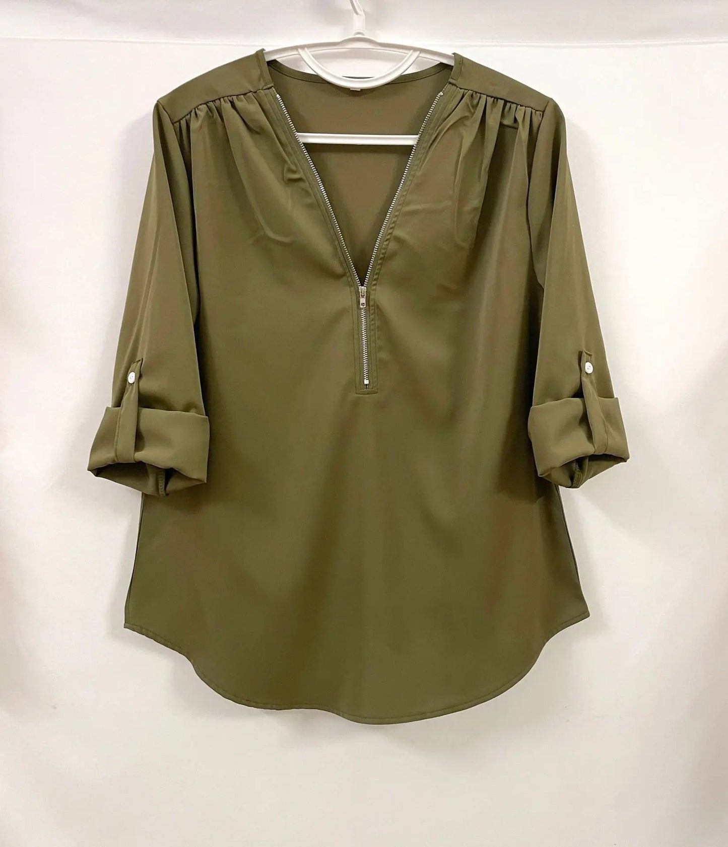 Summer Women Cool Loose Shirt S - 2XL Deep V Neck Chiffon Blouse Casual Ladies Tops Sexy Zipper Pullover Plus Size Long Sleeve Fashion - UT KICK ASStop14:202693815#INKGreen;5:100014065