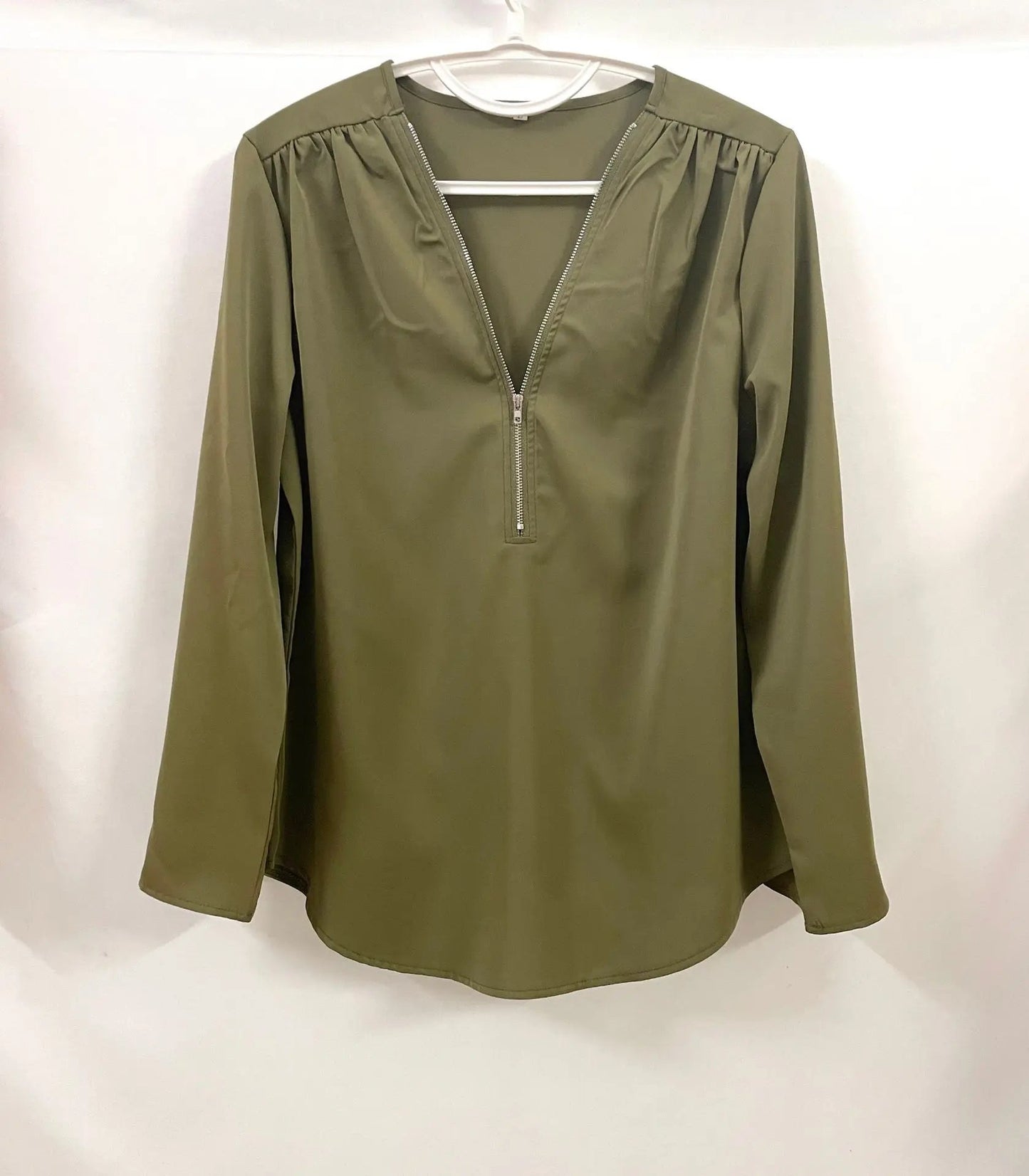 Summer Women Cool Loose Shirt S - 2XL Deep V Neck Chiffon Blouse Casual Ladies Tops Sexy Zipper Pullover Plus Size Long Sleeve Fashion - UT KICK ASStop14:202693815#INKGreen;5:100014065