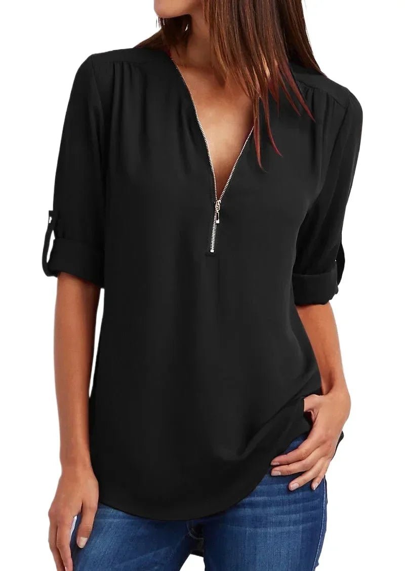 Summer Women Cool Loose Shirt S - 2XL Deep V Neck Chiffon Blouse Casual Ladies Tops Sexy Zipper Pullover Plus Size Long Sleeve Fashion - UT KICK ASStop14:202693815#INKGreen;5:100014065