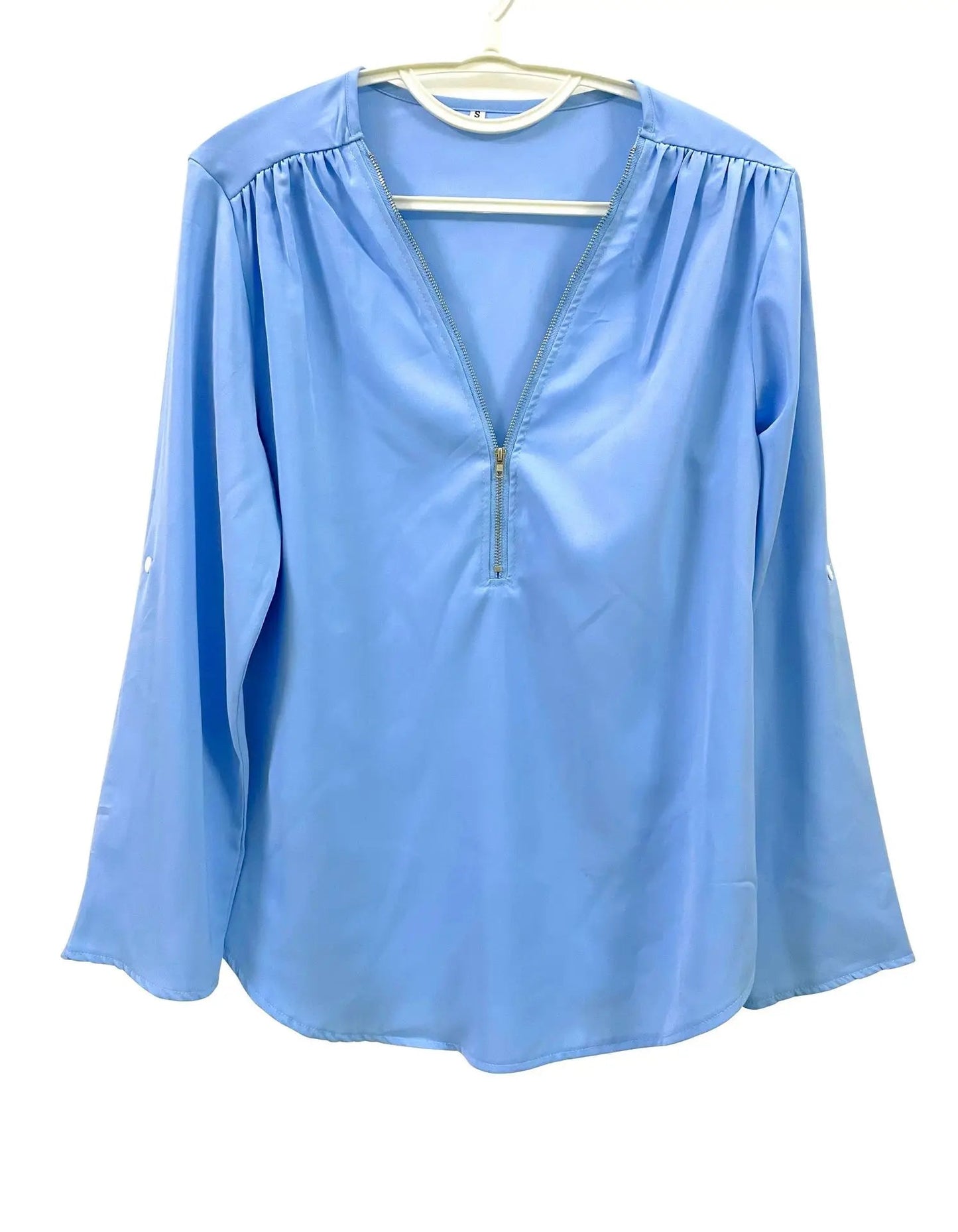 Summer Women Cool Loose Shirt S - 2XL Deep V Neck Chiffon Blouse Casual Ladies Tops Sexy Zipper Pullover Plus Size Long Sleeve Fashion - UT KICK ASStop14:202693815#INKGreen;5:100014065