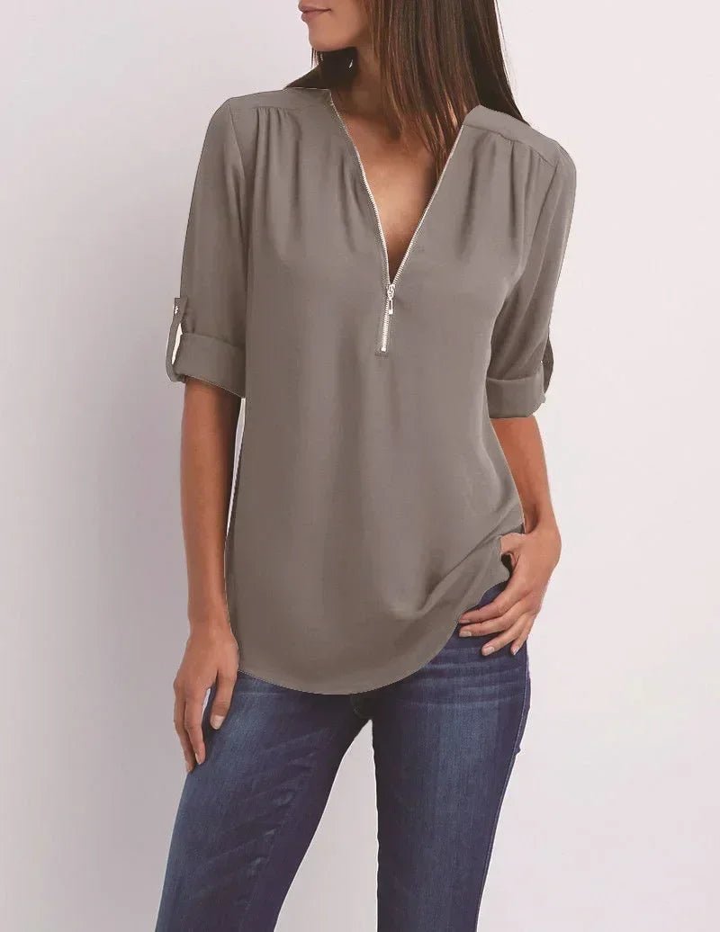 Summer Women Cool Loose Shirt S - 2XL Deep V Neck Chiffon Blouse Casual Ladies Tops Sexy Zipper Pullover Plus Size Long Sleeve Fashion - UT KICK ASStop14:691#Gray;5:361386