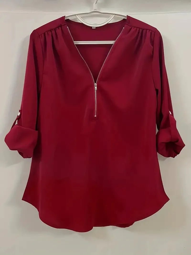 Summer Women Cool Loose Shirt S - 2XL Deep V Neck Chiffon Blouse Casual Ladies Tops Sexy Zipper Pullover Plus Size Long Sleeve Fashion - UT KICK ASStop14:202693815#INKGreen;5:100014065