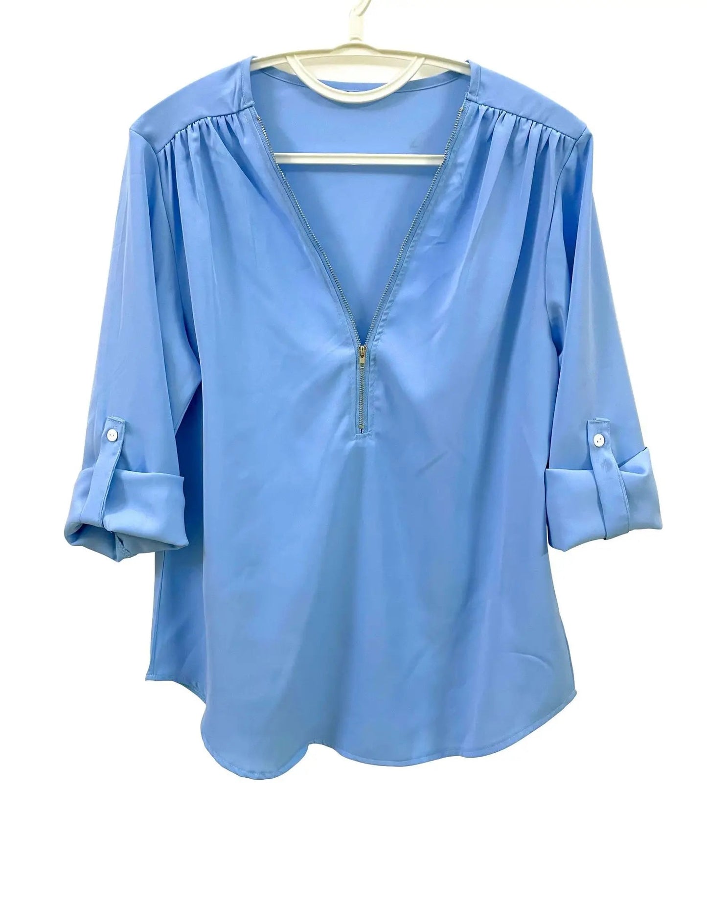 Summer Women Cool Loose Shirt S - 2XL Deep V Neck Chiffon Blouse Casual Ladies Tops Sexy Zipper Pullover Plus Size Long Sleeve Fashion - UT KICK ASStop14:202693815#INKGreen;5:100014065