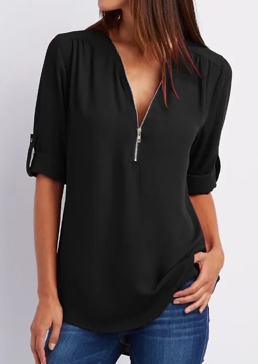 Summer Women Cool Loose Shirt S - 2XL Deep V Neck Chiffon Blouse Casual Ladies Tops Sexy Zipper Pullover Plus Size Long Sleeve Fashion - UT KICK ASStop14:202693815#INKGreen;5:100014065
