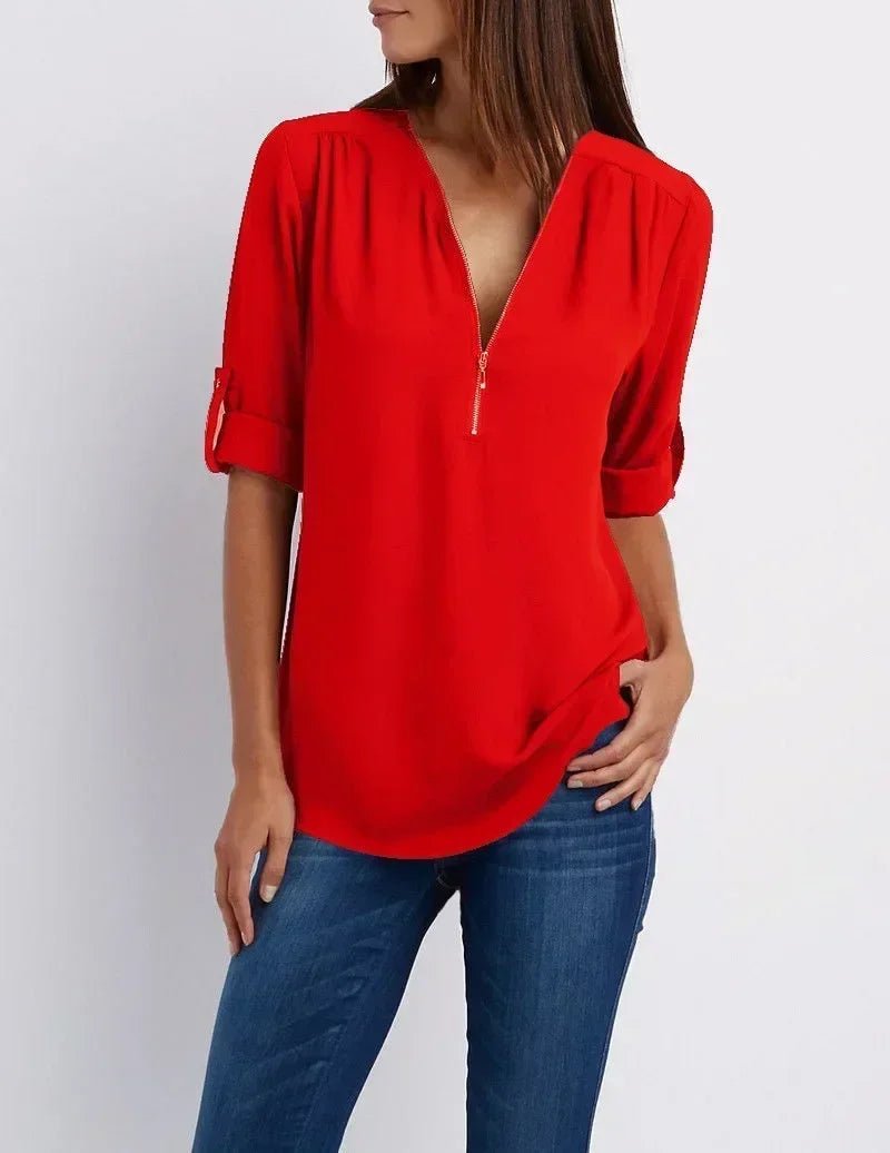 Summer Women Cool Loose Shirt S - 2XL Deep V Neck Chiffon Blouse Casual Ladies Tops Sexy Zipper Pullover Plus Size Long Sleeve Fashion - UT KICK ASStop14:350850#Red;5:361386