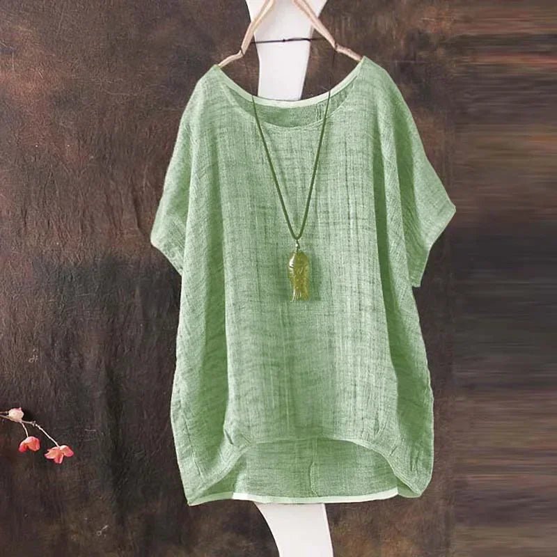 Summer Women Solid Loose S - 3XL Blouse Plain O - Neck Tops Ladies Casual Shirt Blusas Asymmetrical Short Batwing Sleeve Feminina - UT KICK ASS14:771#Green;5:4182