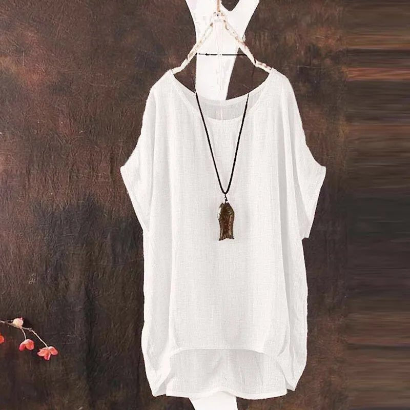 Summer Women Solid Loose S - 3XL Blouse Plain O - Neck Tops Ladies Casual Shirt Blusas Asymmetrical Short Batwing Sleeve Feminina - UT KICK ASS14:771#Green;5:4182