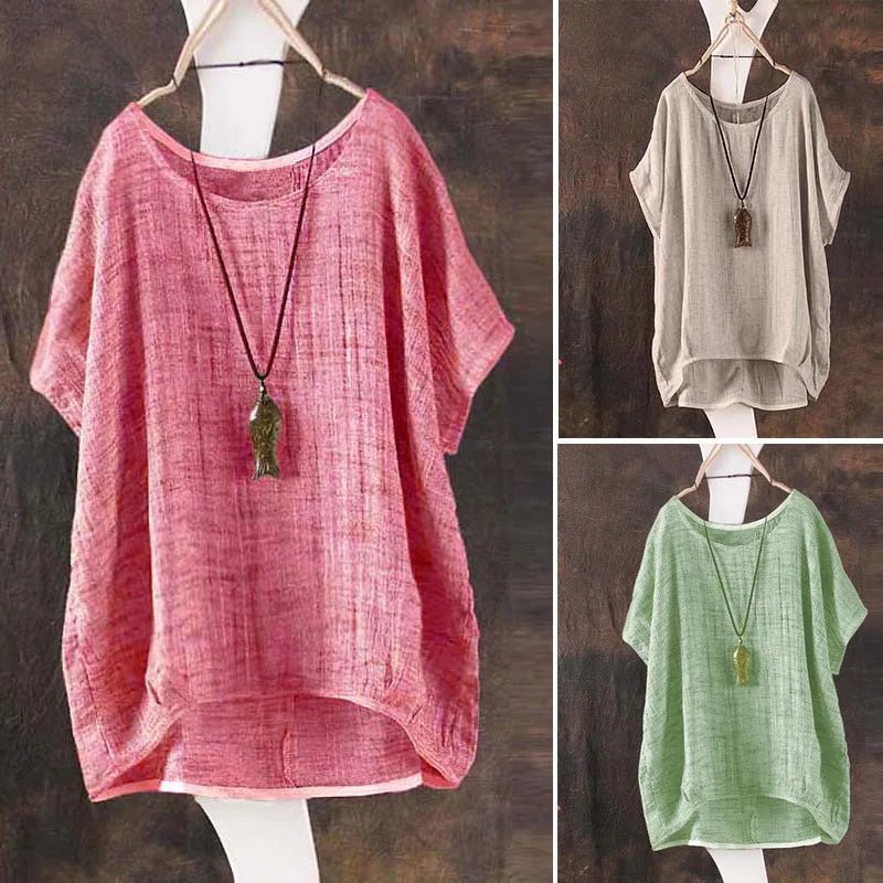 Summer Women Solid Loose S - 3XL Blouse Plain O - Neck Tops Ladies Casual Shirt Blusas Asymmetrical Short Batwing Sleeve Feminina - UT KICK ASS14:771#Green;5:4182