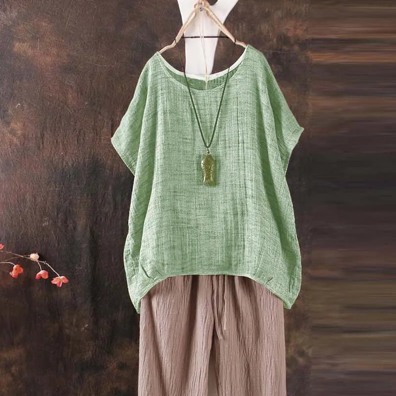 Summer Women Solid Loose S - 3XL Blouse Plain O - Neck Tops Ladies Casual Shirt Blusas Asymmetrical Short Batwing Sleeve Feminina - UT KICK ASS14:771#Green;5:4182