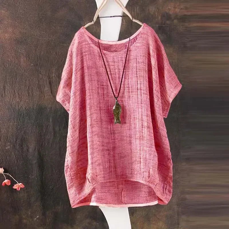 Summer Women Solid Loose S - 3XL Blouse Plain O - Neck Tops Ladies Casual Shirt Blusas Asymmetrical Short Batwing Sleeve Feminina - UT KICK ASS14:1052#Red;5:4182
