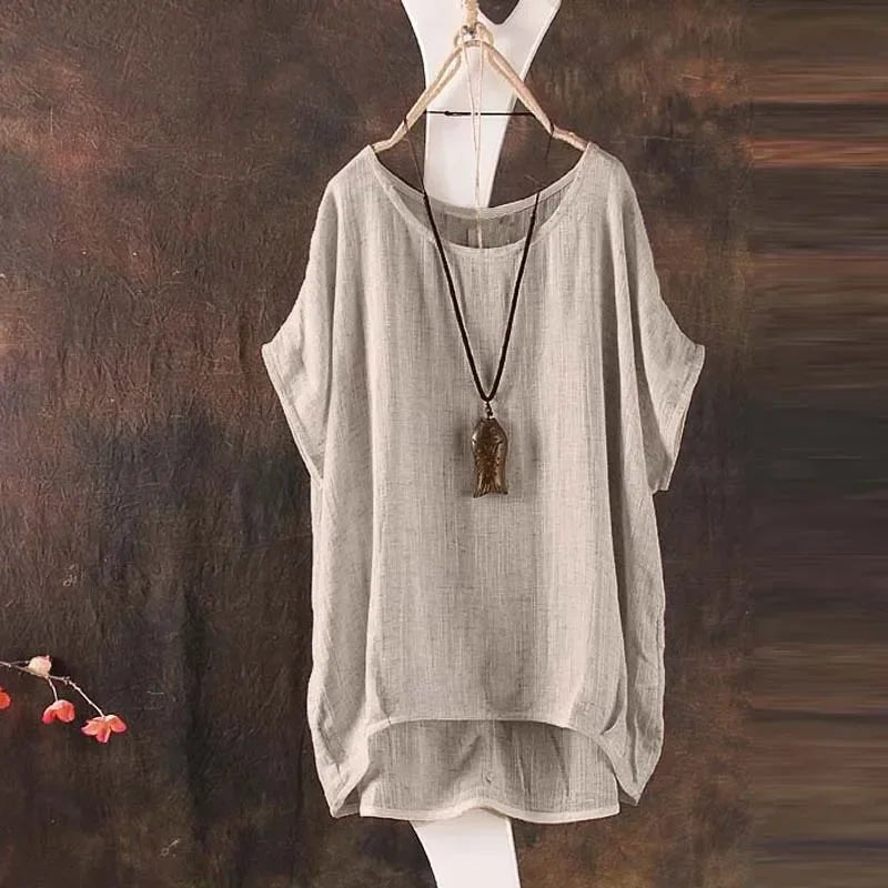 Summer Women Solid Loose S - 3XL Blouse Plain O - Neck Tops Ladies Casual Shirt Blusas Asymmetrical Short Batwing Sleeve Feminina - UT KICK ASS14:200001438#khaki;5:4182