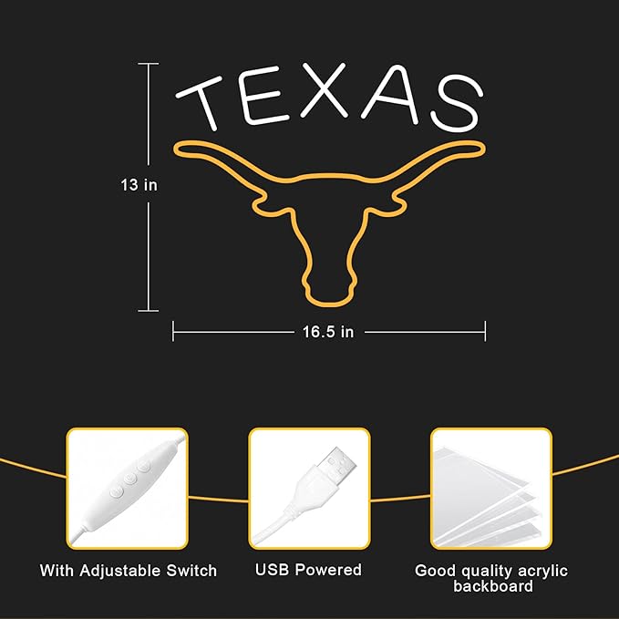 TEXAS Longhorn Neon Sign for Wall Decor - Adjustable Brightness LED Bull Neon Light Signs, Cow Neon Signs - USB Powered Hanging Neon Sign for Game Room, Man Cave, Bar - UT KICK ASSTEXAS-Longhorn-Neon--7218186649646