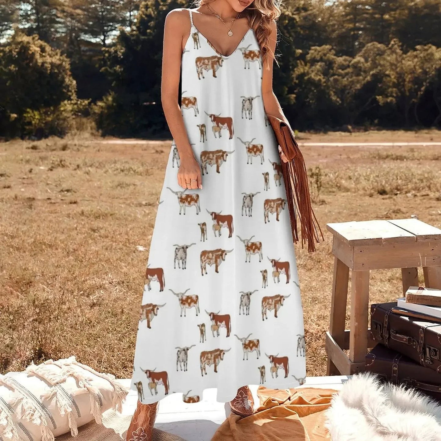 Texas Longhorn Pattern Transparent Sleeveless Dress dresses party dress women elegant luxury Dress - UT KICK ASSdress14:29#White;5:100014064