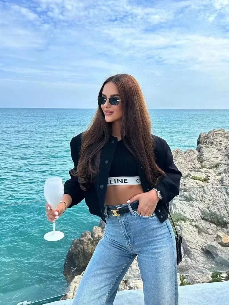 TRAF Woman Bomber Jacket Coat White Autumn Winter Button Baseball Aviator Cropped Jackets for Women Long Sleeve Crop Outerwear - UT KICK ASSjacket14:201800840;5:361385