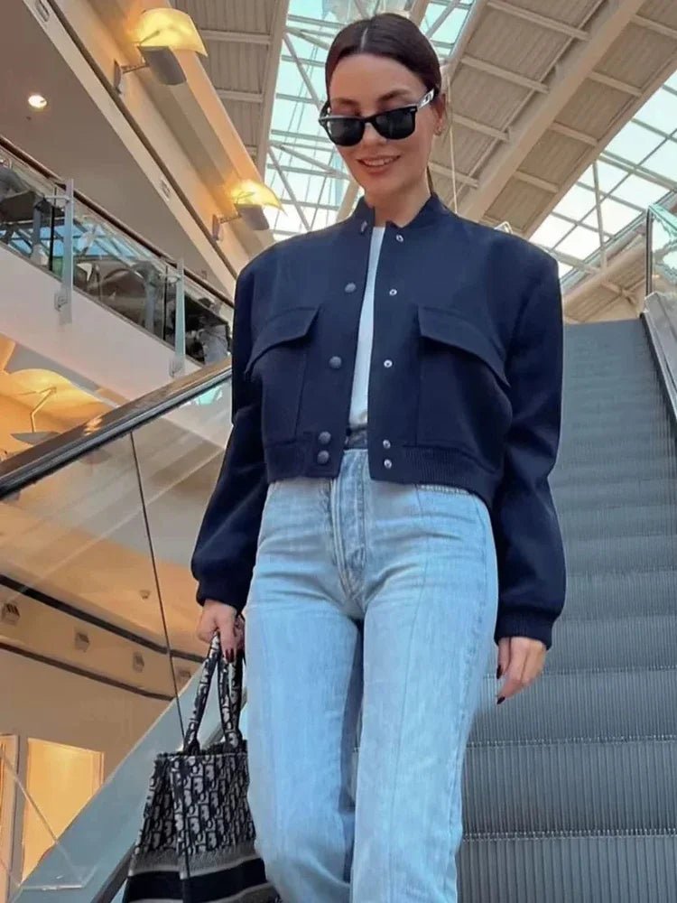 TRAF Woman Bomber Jacket Coat White Autumn Winter Button Baseball Aviator Cropped Jackets for Women Long Sleeve Crop Outerwear - UT KICK ASSjacket14:201800840;5:361385
