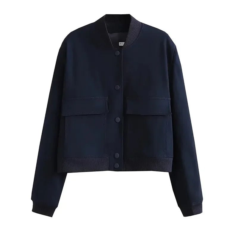 TRAF Woman Bomber Jacket Coat White Autumn Winter Button Baseball Aviator Cropped Jackets for Women Long Sleeve Crop Outerwear - UT KICK ASSjacket14:201800840;5:361385