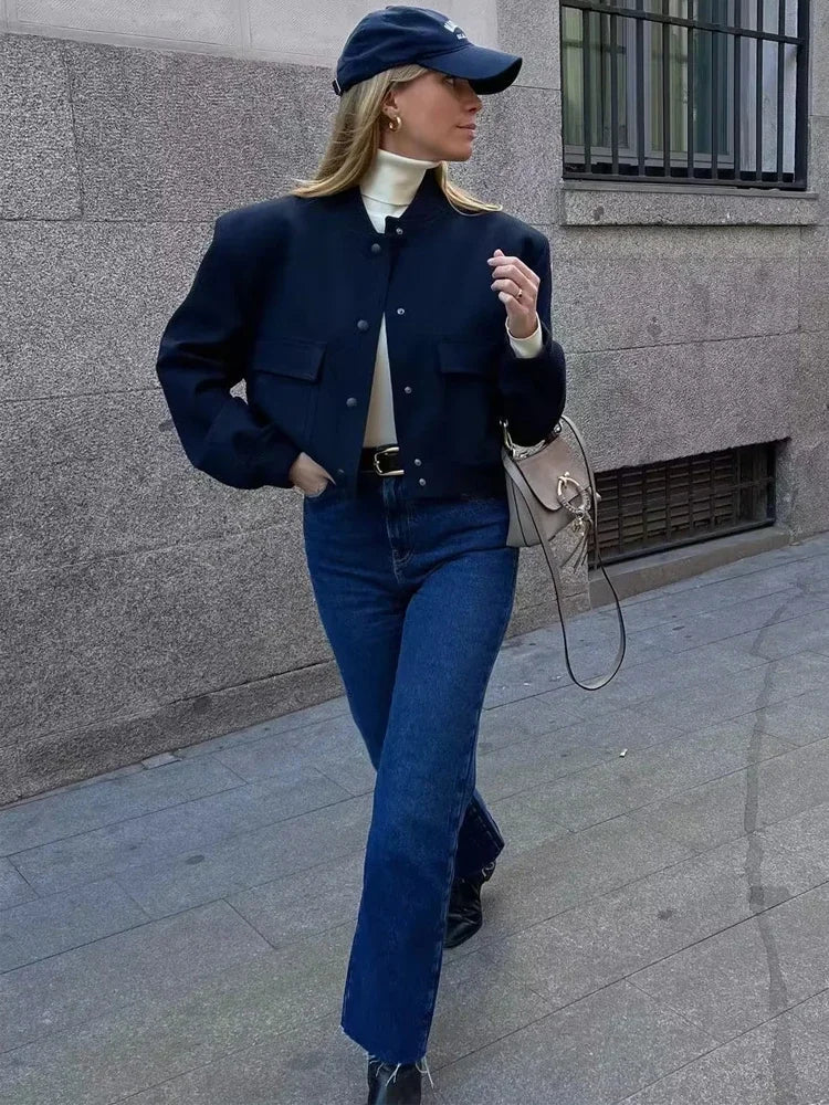 TRAF Woman Bomber Jacket Coat White Autumn Winter Button Baseball Aviator Cropped Jackets for Women Long Sleeve Crop Outerwear - UT KICK ASSjacket14:201800840;5:361385