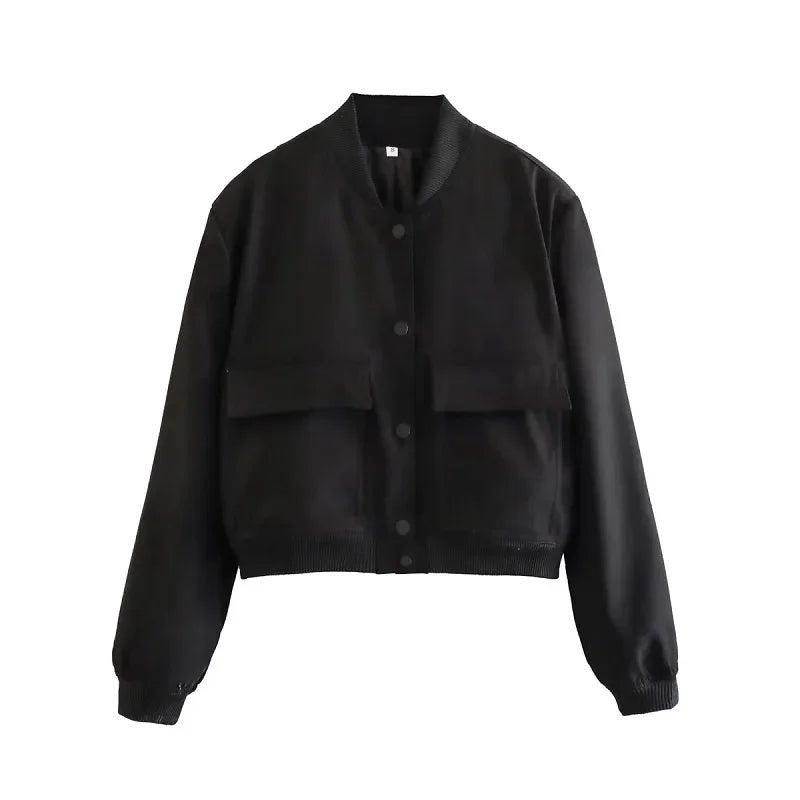 TRAF Woman Bomber Jacket Coat White Autumn Winter Button Baseball Aviator Cropped Jackets for Women Long Sleeve Crop Outerwear - UT KICK ASSjacket14:193;5:361386