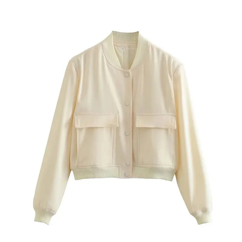 TRAF Woman Bomber Jacket Coat White Autumn Winter Button Baseball Aviator Cropped Jackets for Women Long Sleeve Crop Outerwear - UT KICK ASSjacket14:771;5:100014064