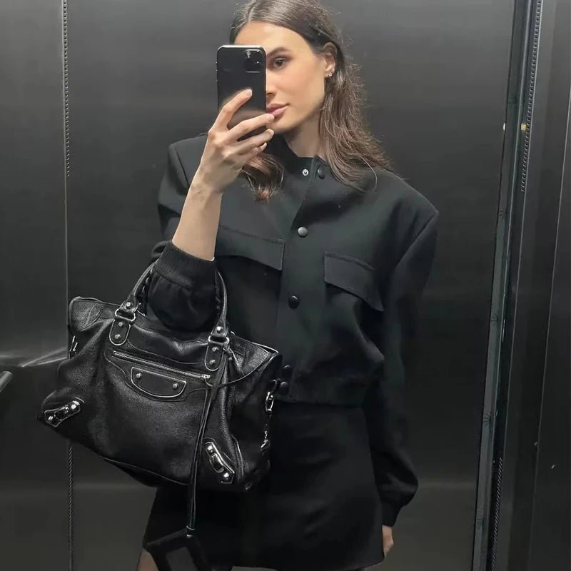 TRAF Woman Bomber Jacket Coat White Autumn Winter Button Baseball Aviator Cropped Jackets for Women Long Sleeve Crop Outerwear - UT KICK ASSjacket14:771;5:100014064