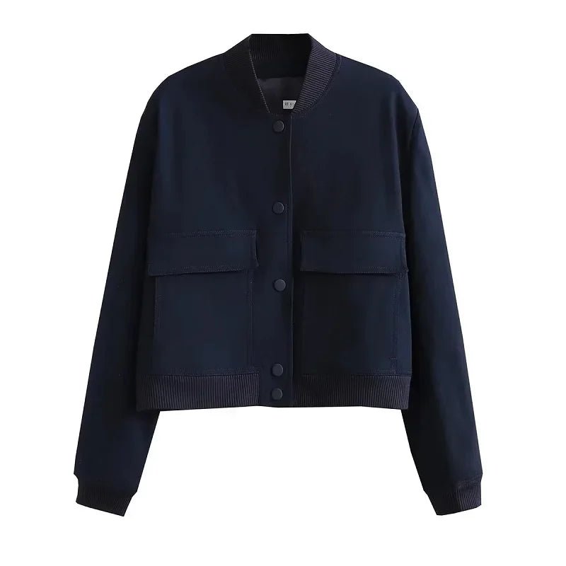 TRAF Woman Bomber Jacket Coat White Autumn Winter Button Baseball Aviator Cropped Jackets for Women Long Sleeve Crop Outerwear - UT KICK ASSjacket14:201800840;5:361385