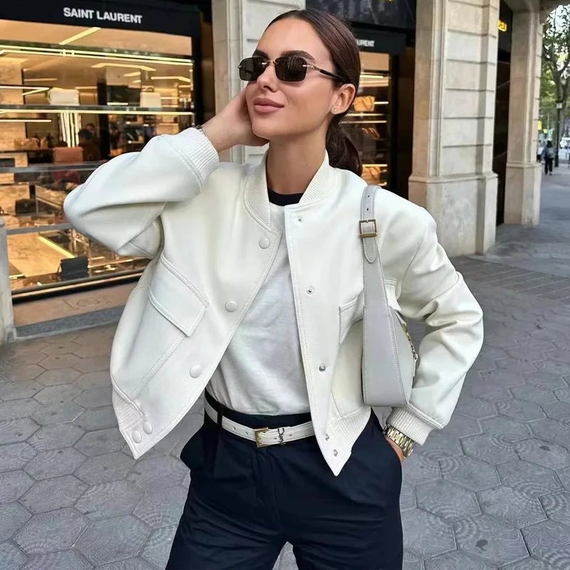 TRAF Woman Bomber Jacket Coat White Autumn Winter Button Baseball Aviator Cropped Jackets for Women Long Sleeve Crop Outerwear - UT KICK ASSjacket14:771;5:100014064